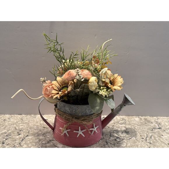 Spring Floral Arrangement in Metal Watering Can - Farmhouse Beach Rustic Decor - Picture 2 of 7